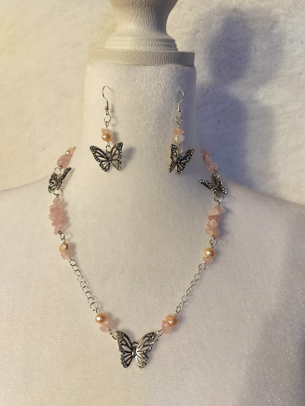 Butterfly Pink Beaded Necklace & Earrings Set  Handmade Stainless Steel